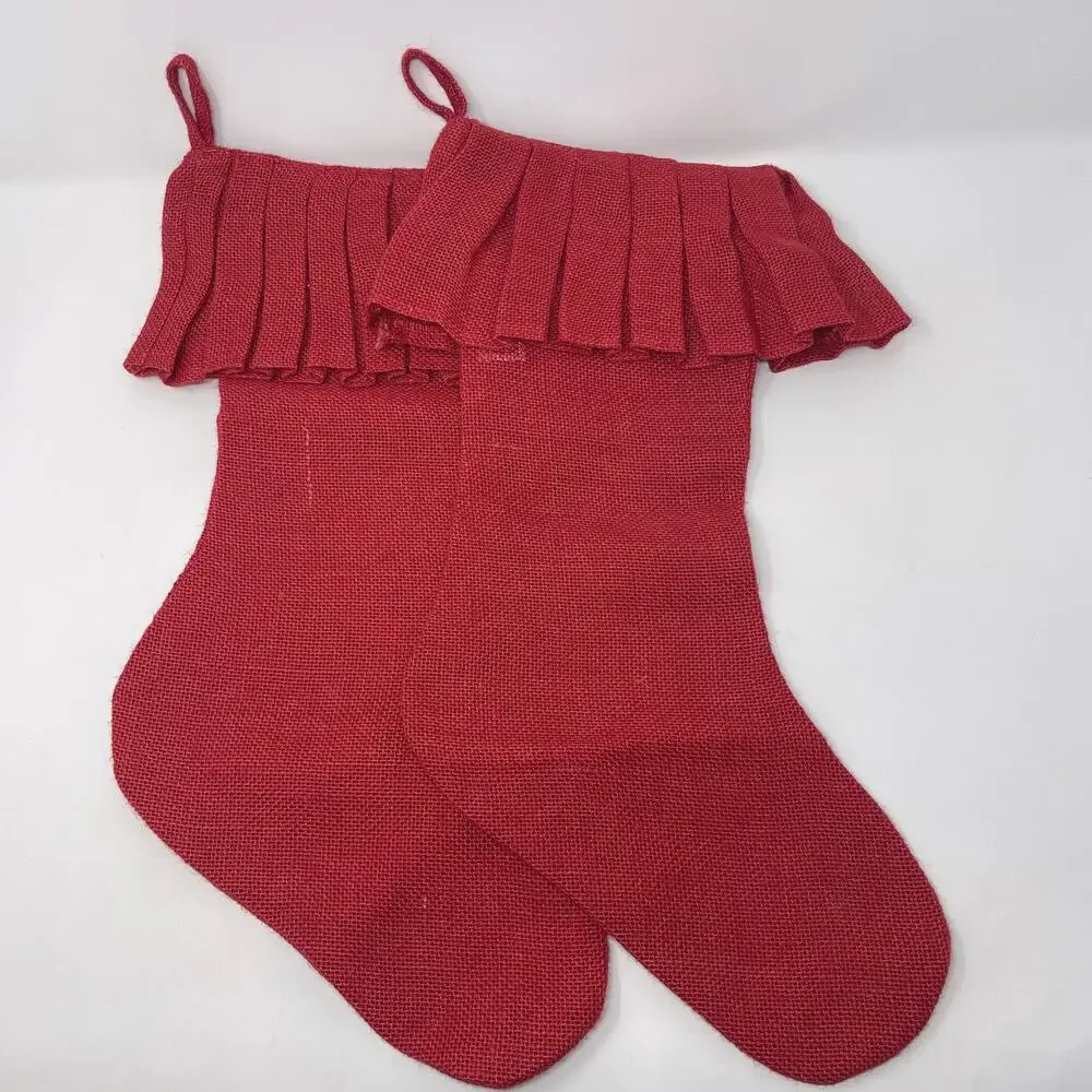 Storehouse Red Set of 2 Pleated Burlap Stockings Holiday Christmas Textured